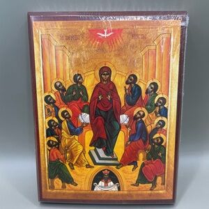 NEW Icon Mary & 12 Apostles Pentecost Wood? Panel 5.5x4.25” Religious Christian